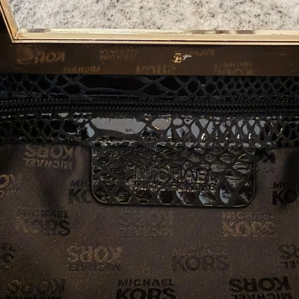 Michael Kors Berkley Clutch Bag Black Snakeskin Leather Square Gold Handle